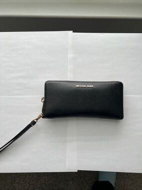 Michael Kors Black Pebbled Leather Zip Wallet with Gold Logo